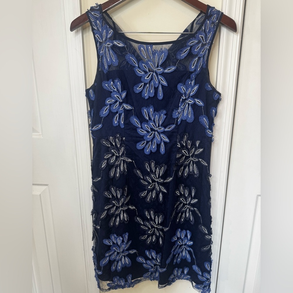 Adrianna Papell Navy Blue Floral Embroidered Midi Dress